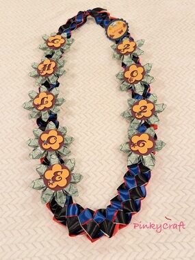 Handmade Blue & Black Ribbon Lei with Yellow Flower Accents